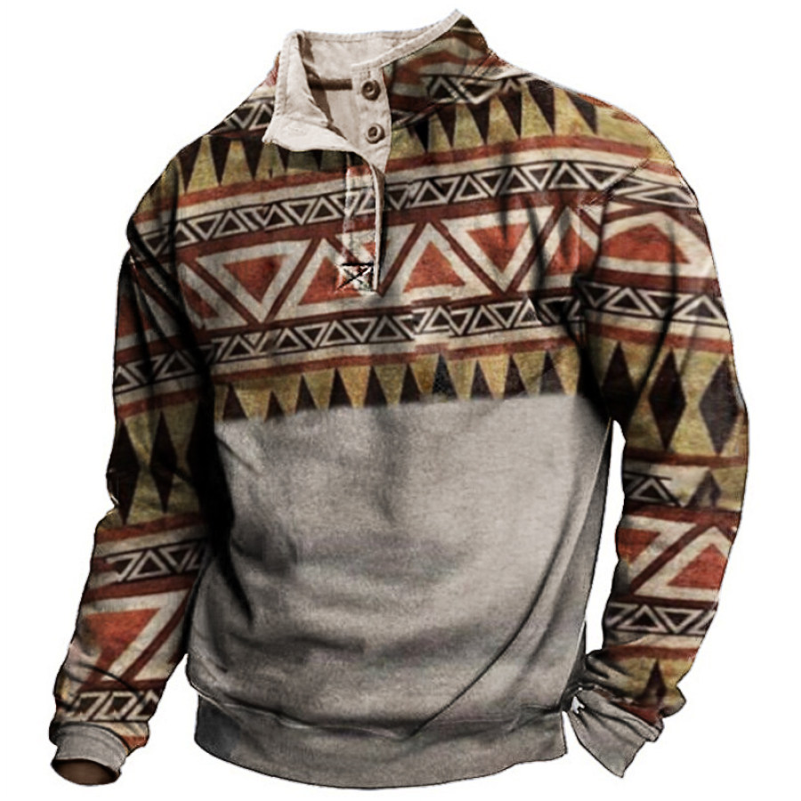 

Men's Vintage Ethnic Gradient Color Stand Collar Button Long Sleeve Sweatshirt