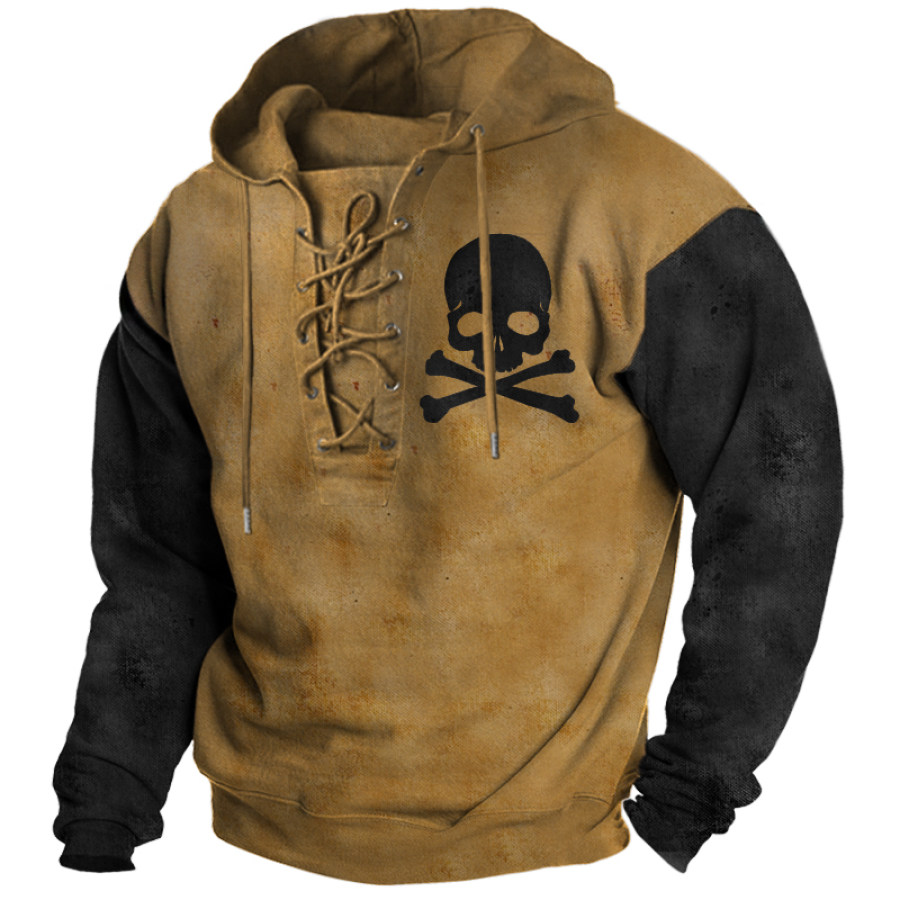 

Men's Vintage Pirate Skull Print Tie Hooded Long Sleeve Sweatshirt