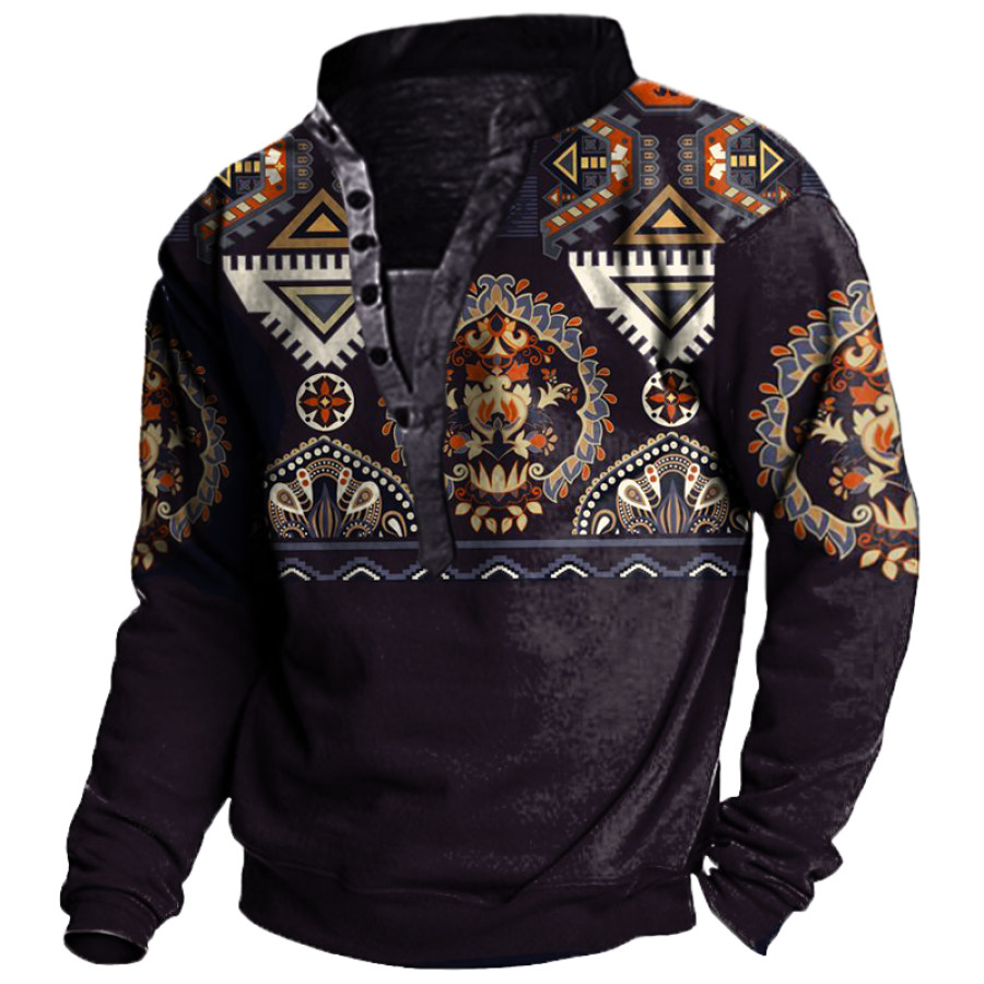 

Men's Western Style Ethnic Print Ranch Henley Collar Sweatshirt