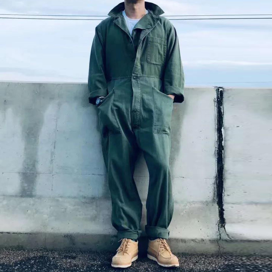 

Men's Retro Loose Solid Color Wear-resistant Multi-pocket Workwear Jumpsuit