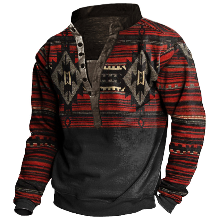 

Herren-Sweatshirt Mit Henley-Kragen Und Vintage-Ethno-Print