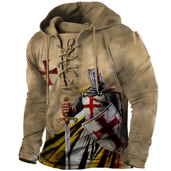 Men's Vintage Templar Cross Tie Hooded Long Sleeve T-Shirt - Nikiluwa.com 