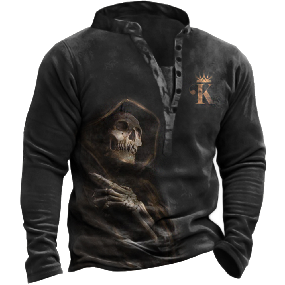King Men's Crown Skull Chic Reaper Print Long Sleeve Henry Henley Collar Sweatshirt