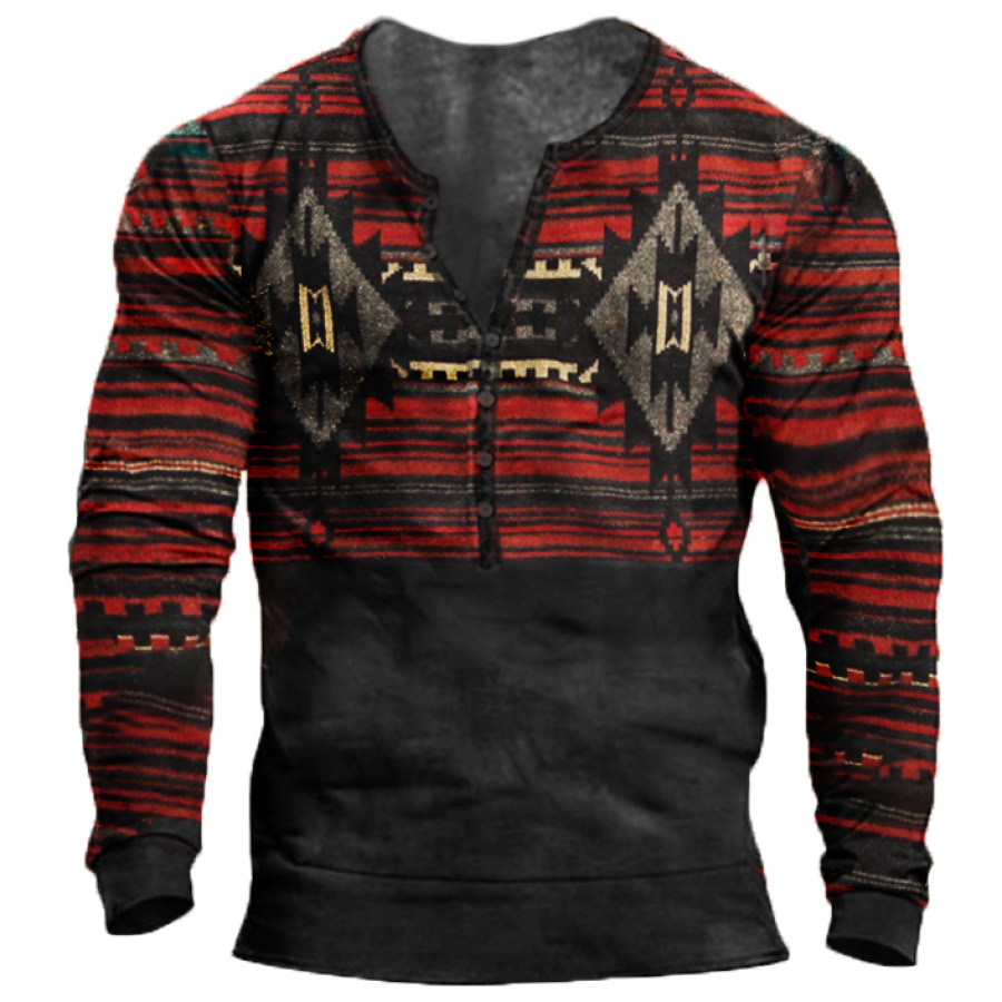 

Men's Vintage Splicing Ethnic Henley Collar Long Sleeve T-Shirt