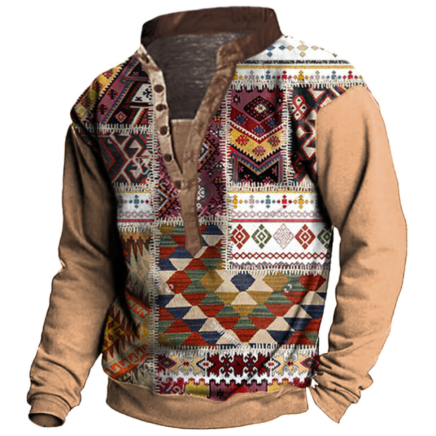 

Men's Outdoor Retro Ethnic Patchwork Henley Collar Tactical Sweatshirt