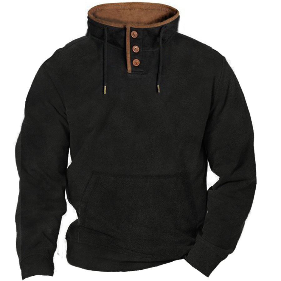 

Men's Large Pocket Vintage Drawstring Henley Collar Sweatshirt