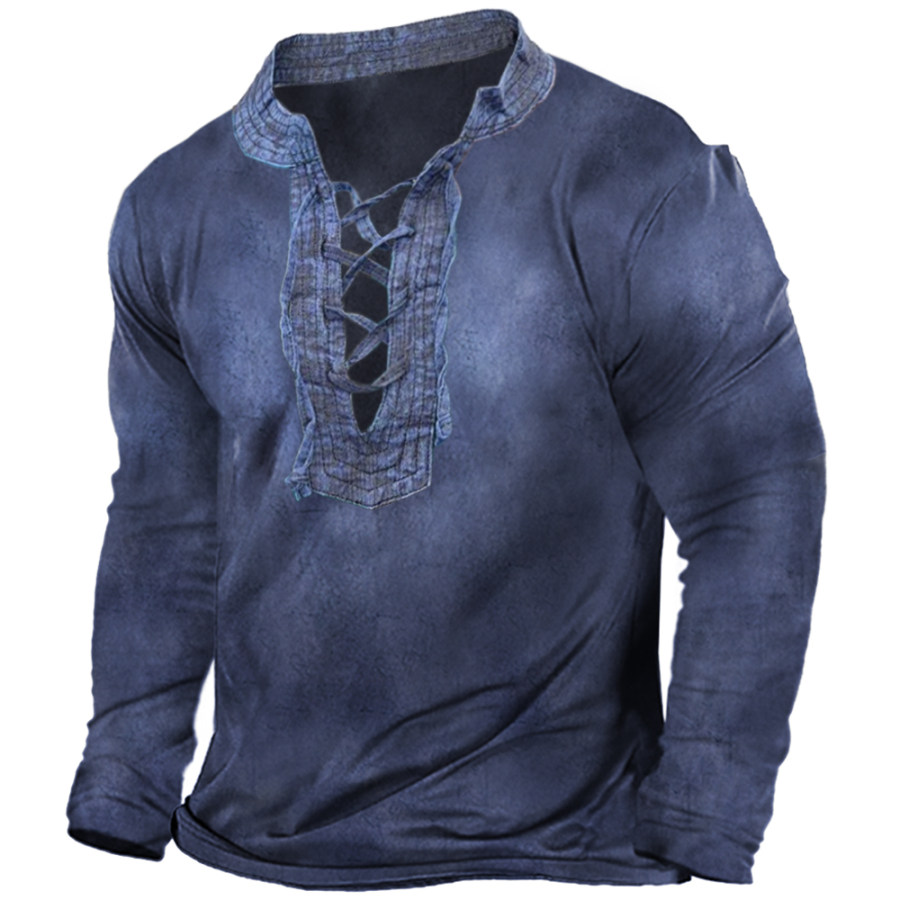 

Men's Vintage Print Tie Henley Collar Long Sleeve T-Shirt