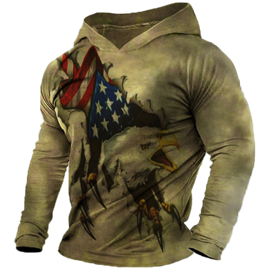 

Men's Distressed American Flag And Eagle Hooded Long Sleeve Sweatshirt