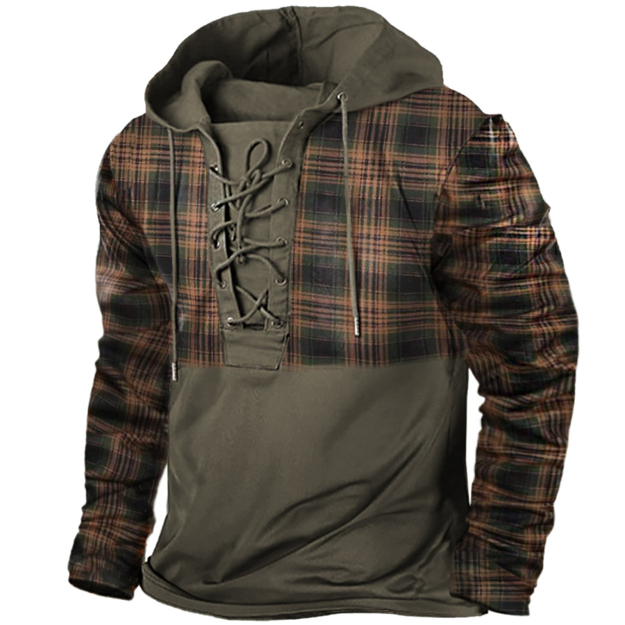 

Men's Outdoor Vintage Check Print Tie Hooded Long Sleeve T-Shirt