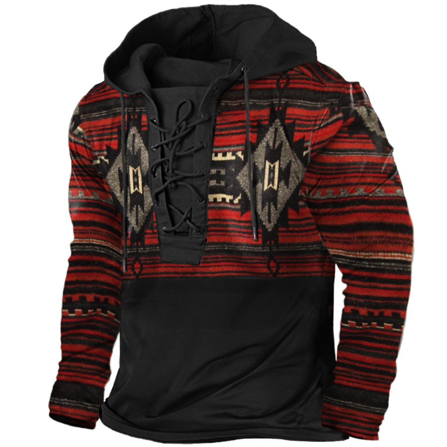 

Men's Vintage Ethnic Geometric Print Tie Hooded Long Sleeve T-Shirt