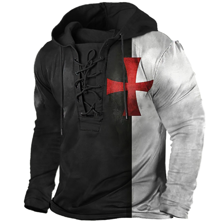 

Men's Vintage Contrast Cross Tie Hooded Long Sleeve T-Shirt