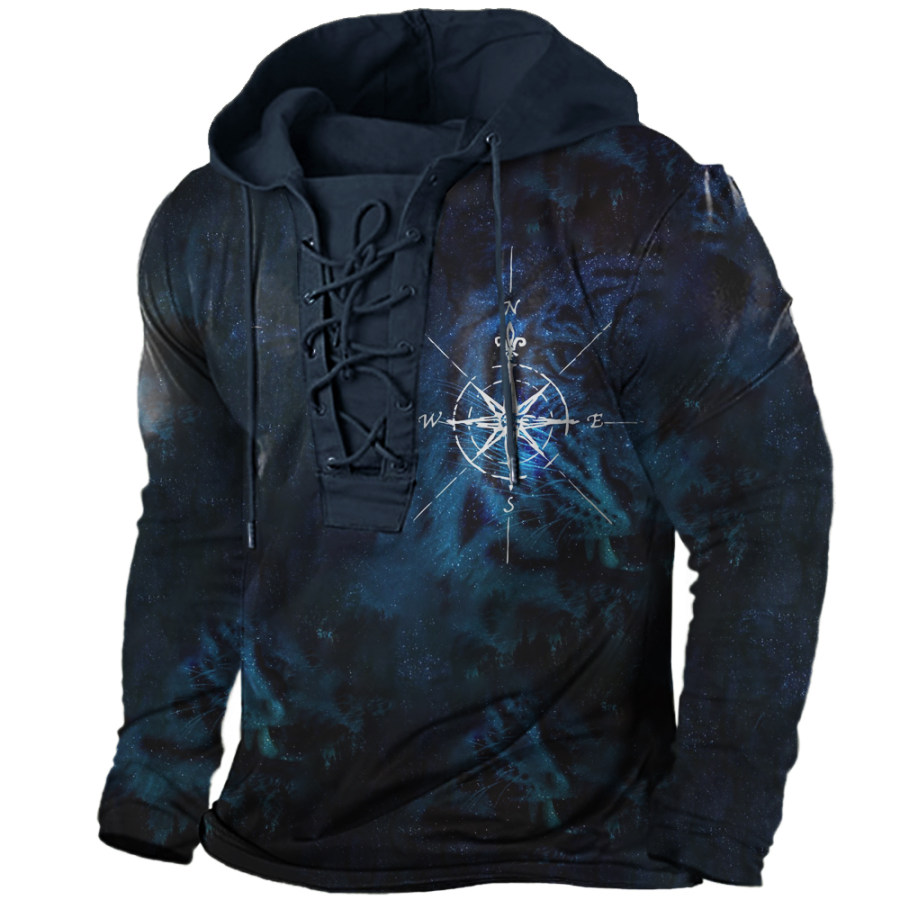 

Men's Vintage Star Compass Tie Hooded Long Sleeve T-Shirt