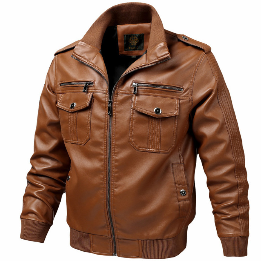 

Men's Outdoor Windproof Warm Stand Collar Motorcycle Riding Leather Jacket