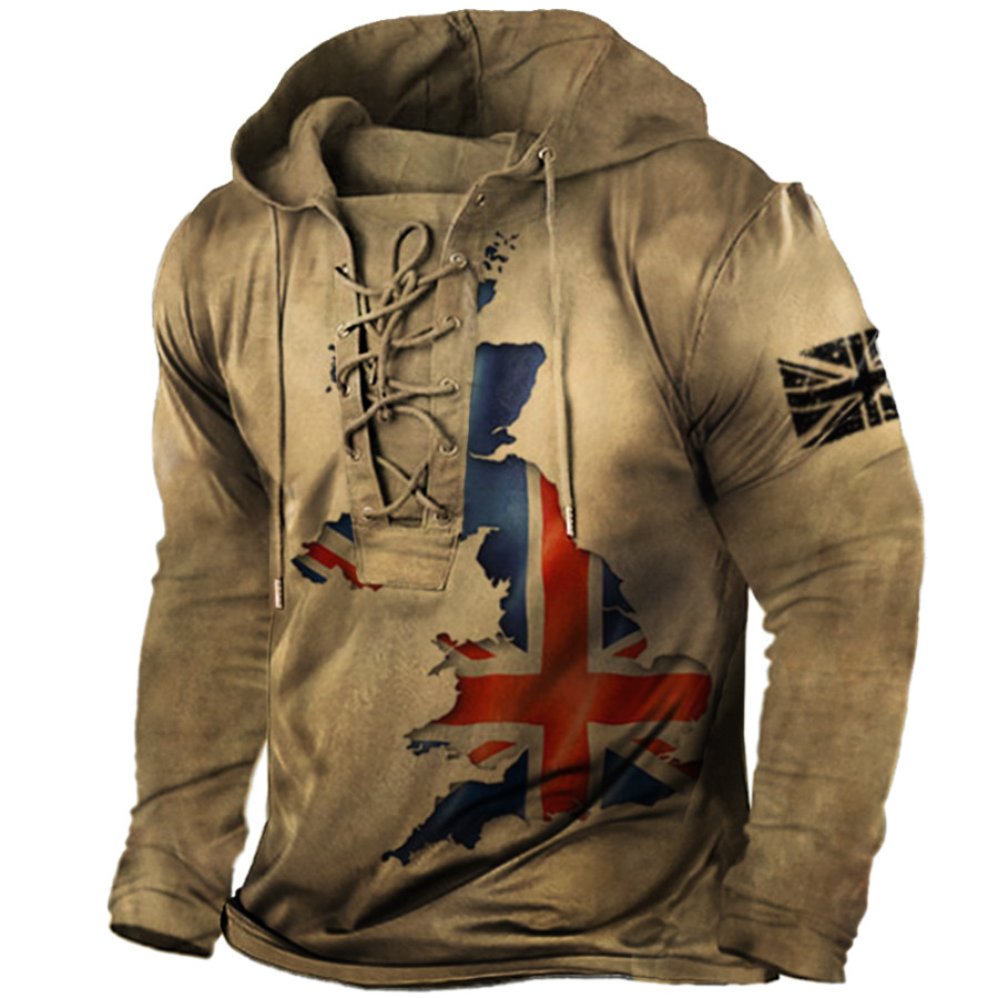

Men's Outdoor Vintage British Flag Map Print Tie Hooded Long Sleeve T-Shirt