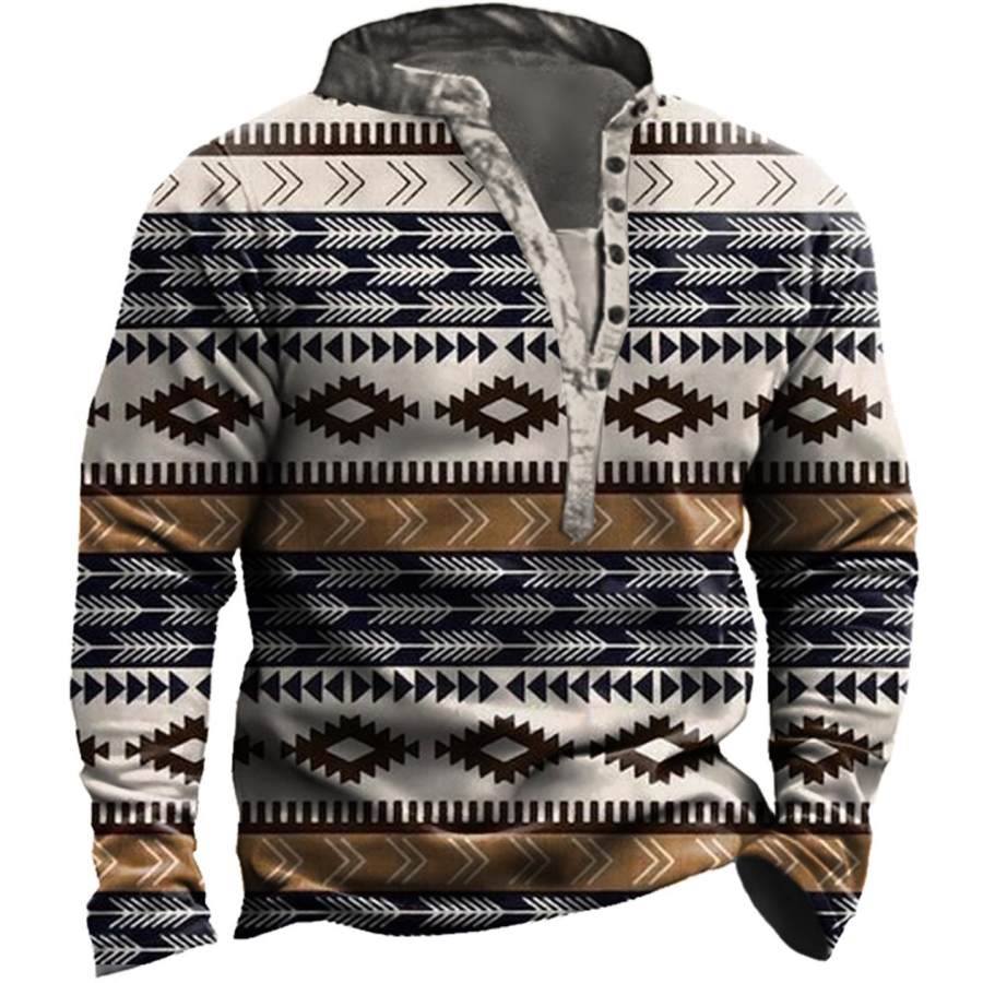 

Men's Vintage Ethnic Geometric Henley Sweatshirt