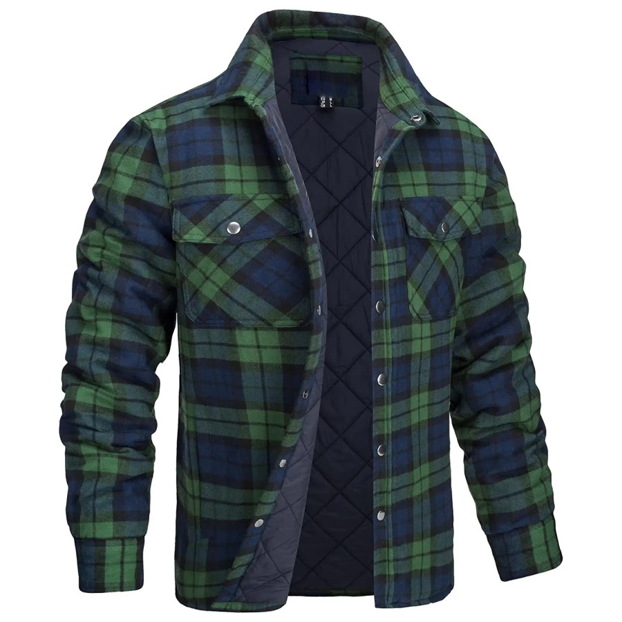 

Men's Flannel Quilted Lining Padded Long Sleeve Button Check Jacket