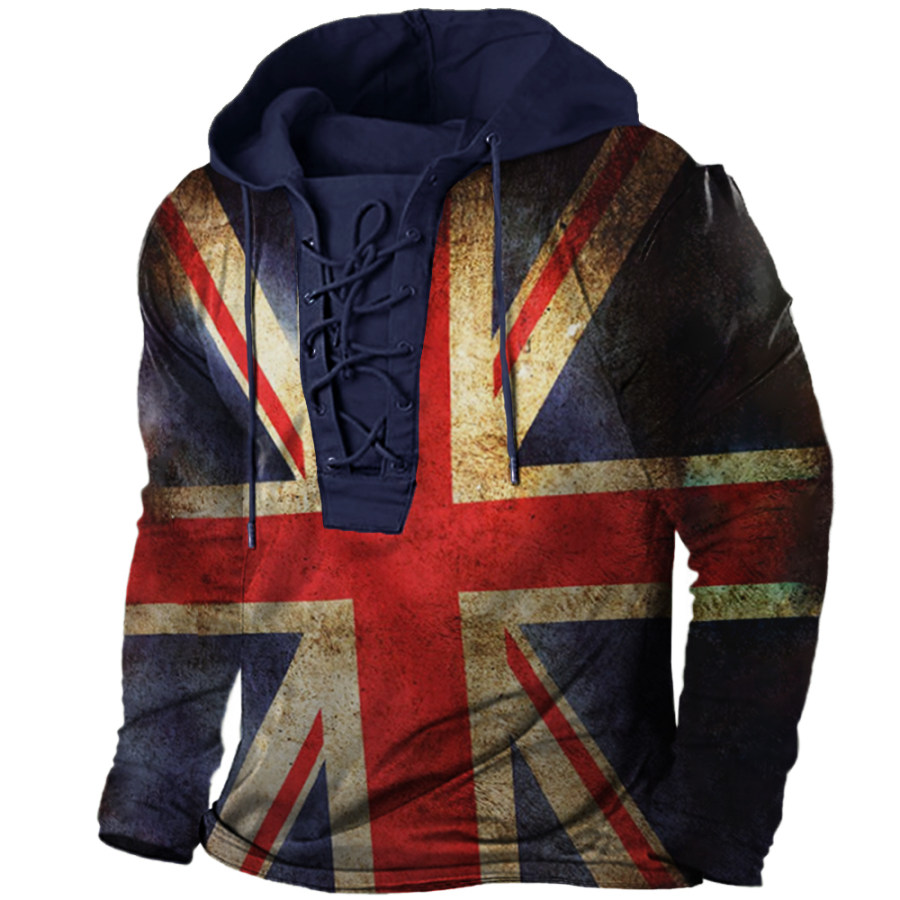 

Men's Outdoor Vintage British Flag Print Tie Hooded Long Sleeve T-Shirt