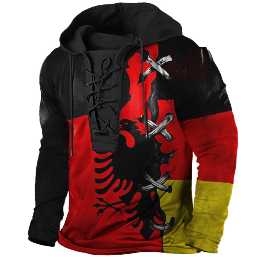 

Men's Vintage German Flag Eagle Print Tie Hooded Long Sleeve T-Shirt
