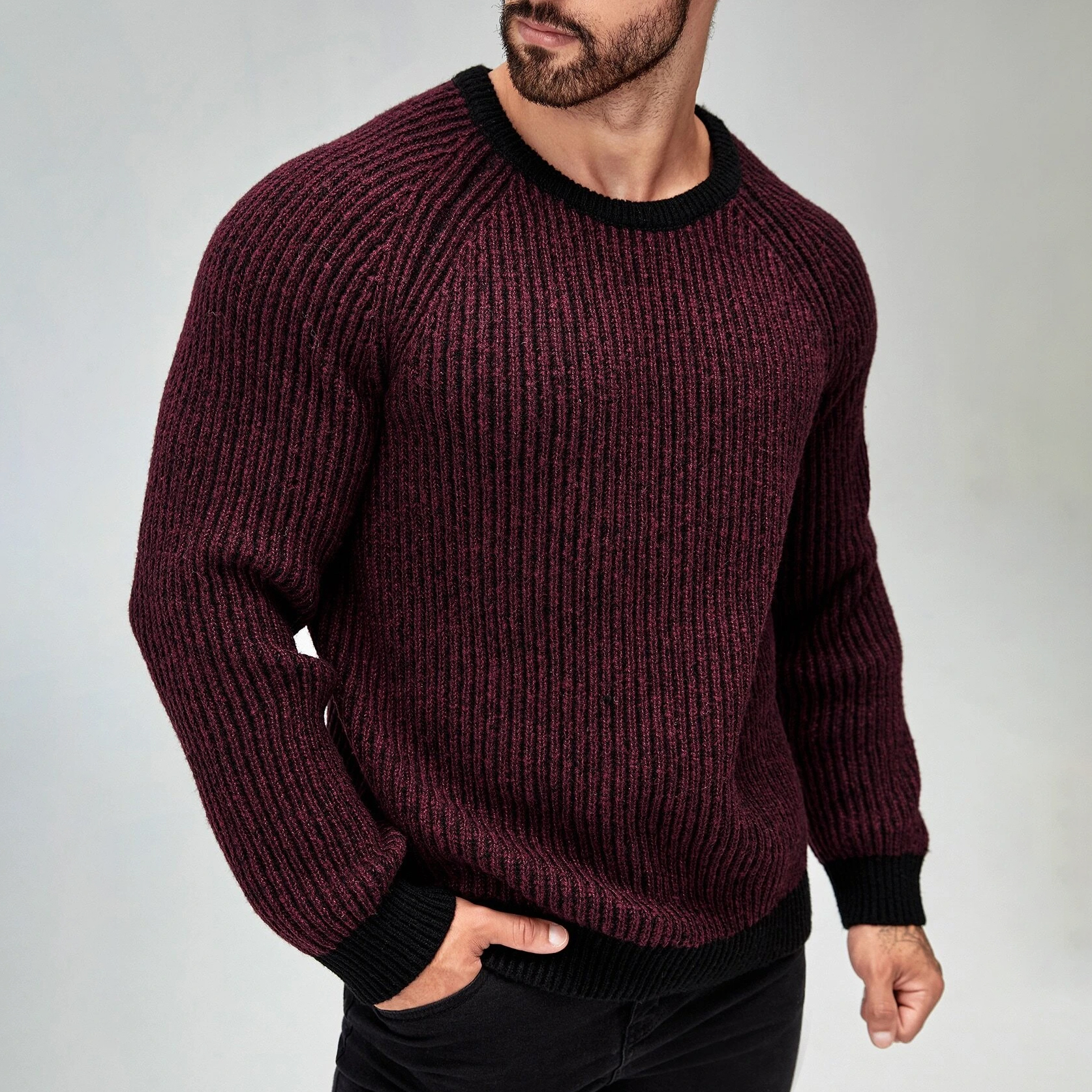 Men Raglan Sleeve Contrast Trim Chic Sweater
