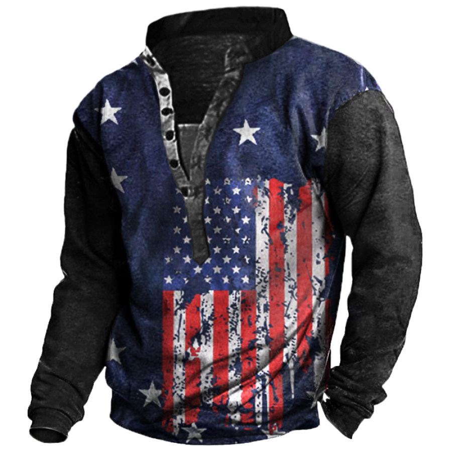 

Men's Outdoor Vintage American Flag Print Henley Collar Sweatshirt