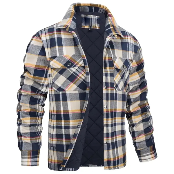 Men's Flannel Quilted Lining Padded Long Sleeve Button Check Jacket - Kalesafe.com 