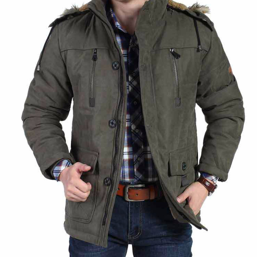 

Men's Outdoor Thickened Warm Flannel Mid-Length Fur Collar Hooded Coat