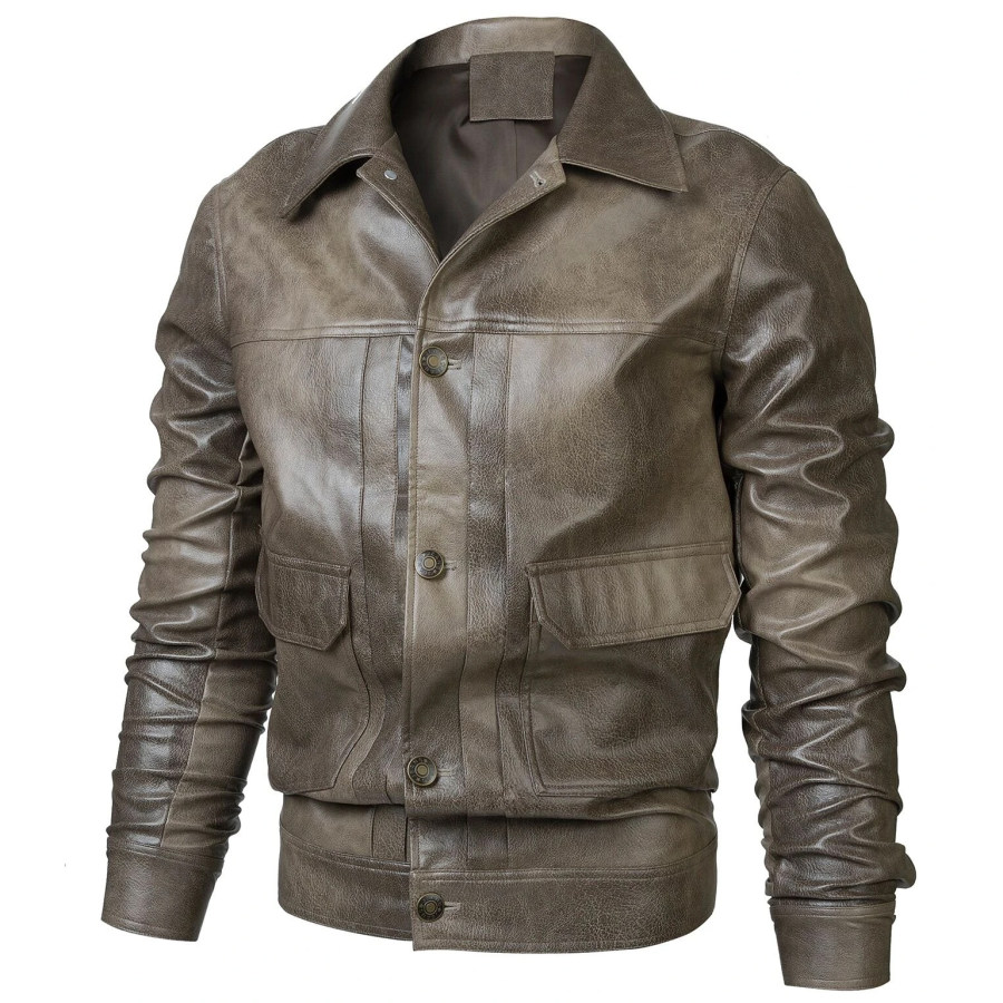 

Men's PU Leather Flap Pocket Windproof Motorcycle Jacket