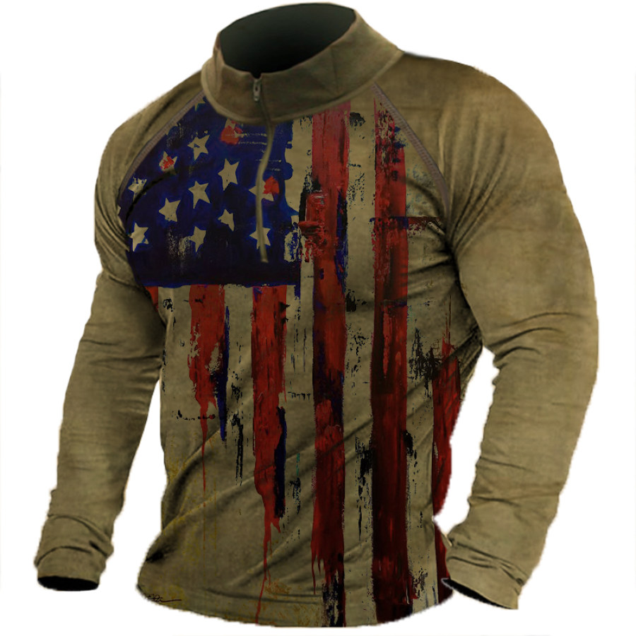 

Men's Distressed American Flag Zip Long Sleeve Sweatshirt