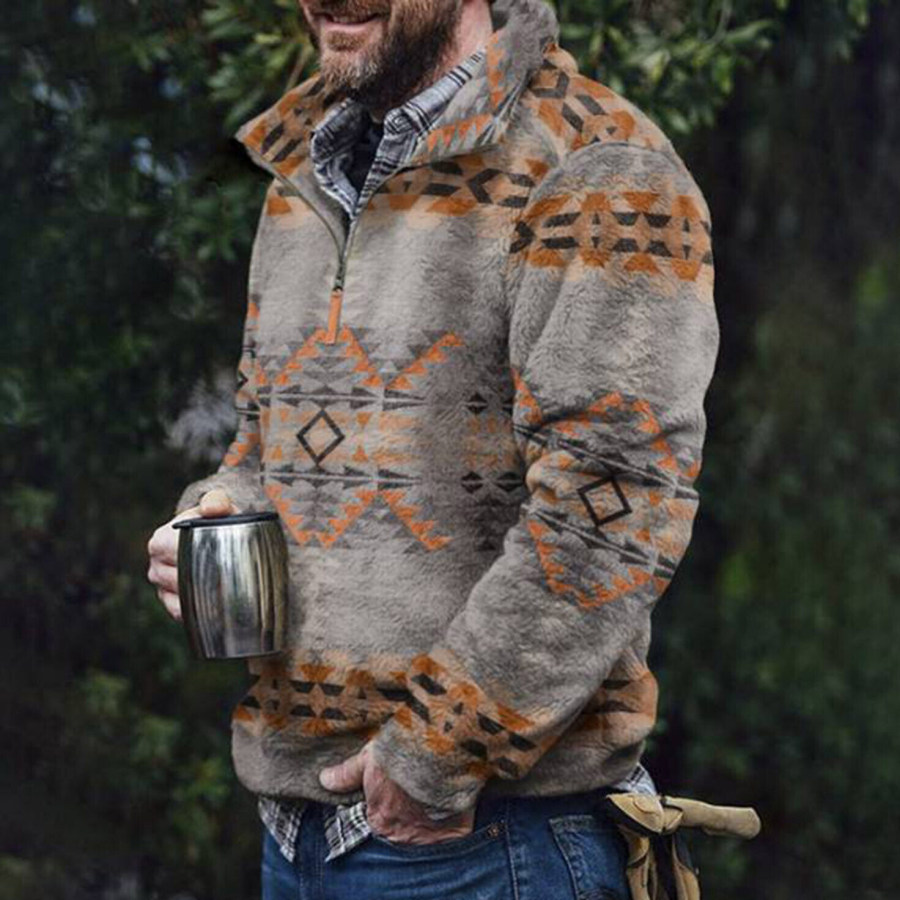 

Sudadera Cálida Con Cremallera Y Patrones Retro Para Hombre