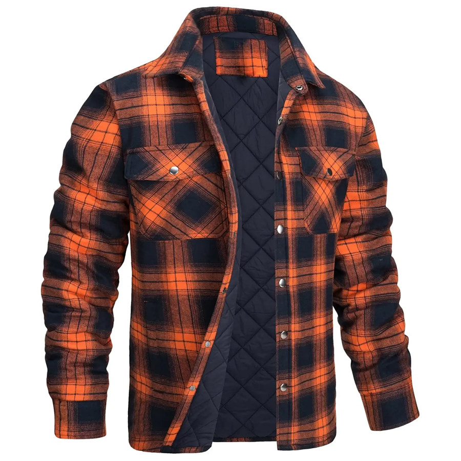

Men's Flannel Quilted Lining Padded Long Sleeve Button Check Jacket