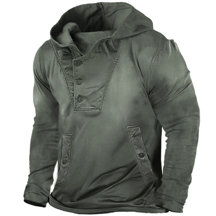 

Men's Outdoor Vintage Tactical Button Pocket Long Sleeve Hooded T-Shirt