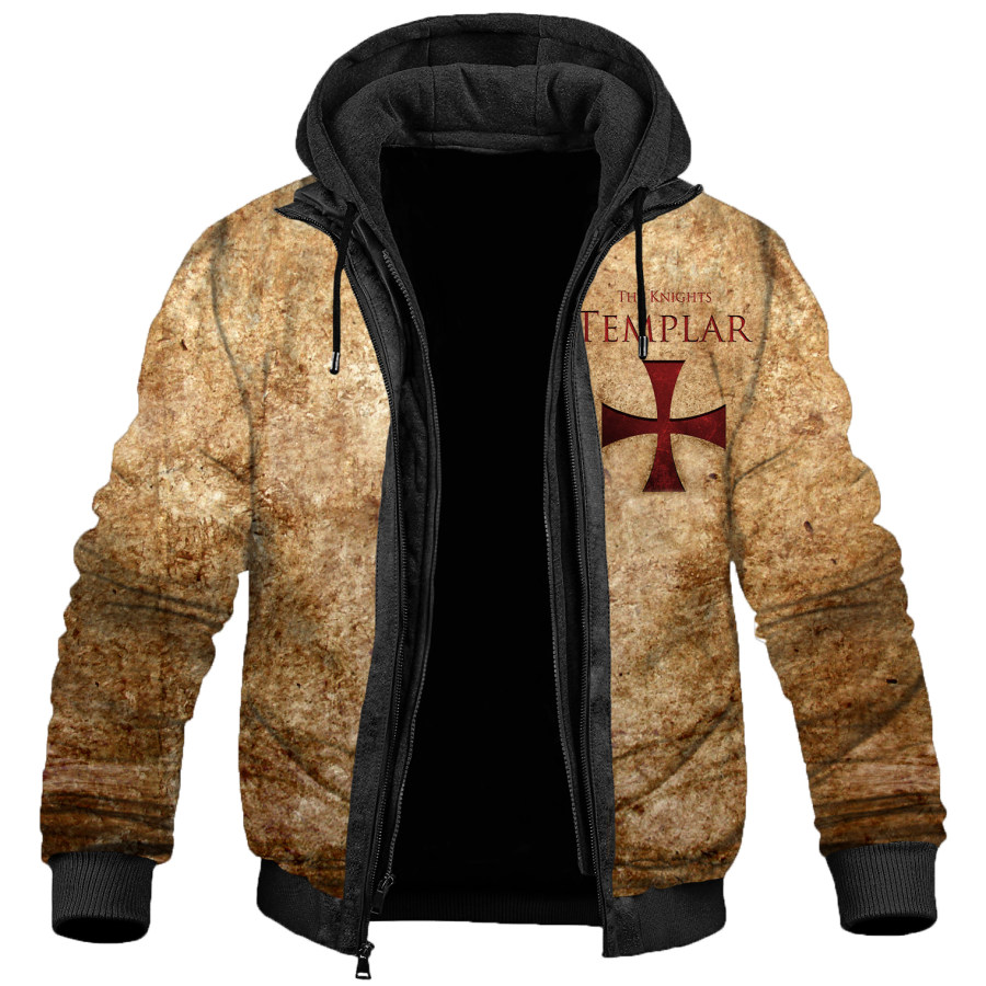 

Men's Vintage Knights Templar Cross Print Hooded Tactical Jacket