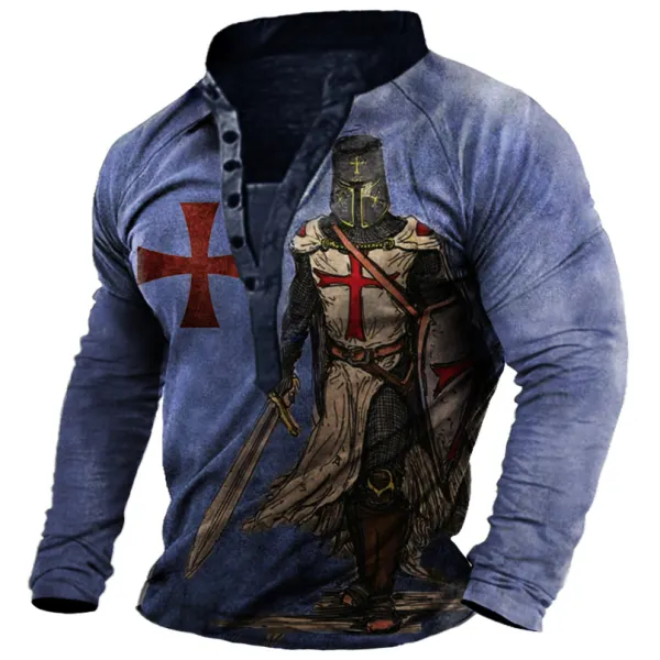 Men's Vintage Templar Cross Long Sleeve Henley T-Shirt - Chrisitina.com 