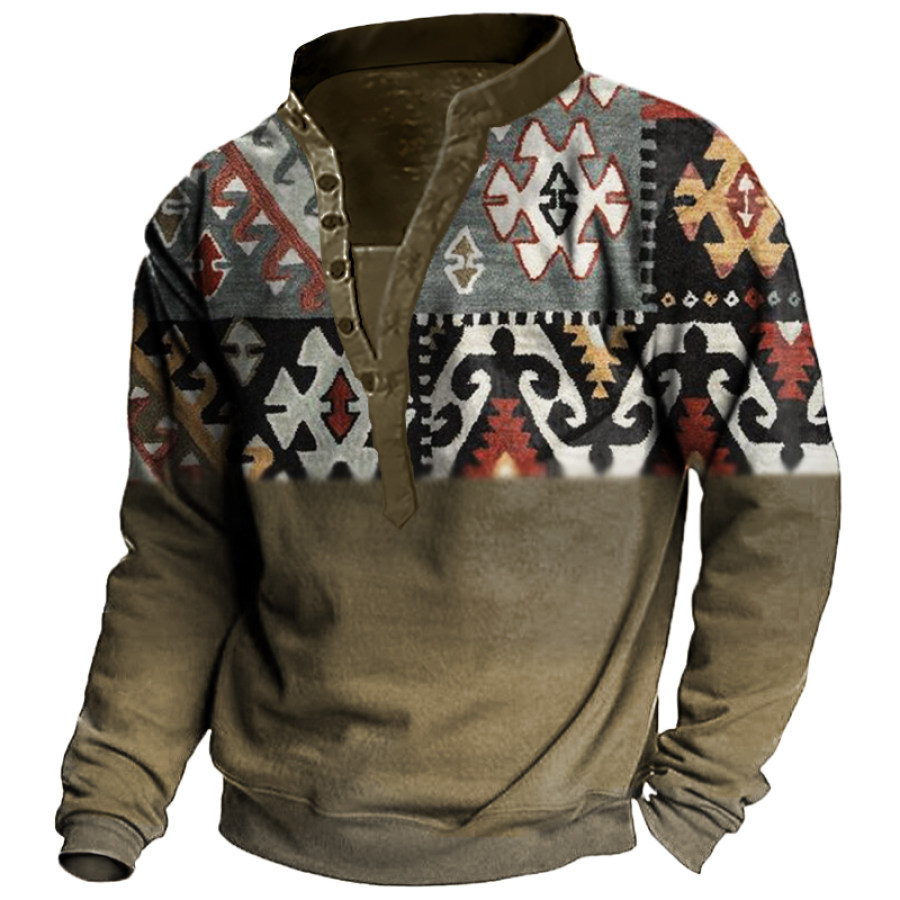 

Men's Vintage Ethnic Geometric Print Long Sleeve Henley Sweatshirt
