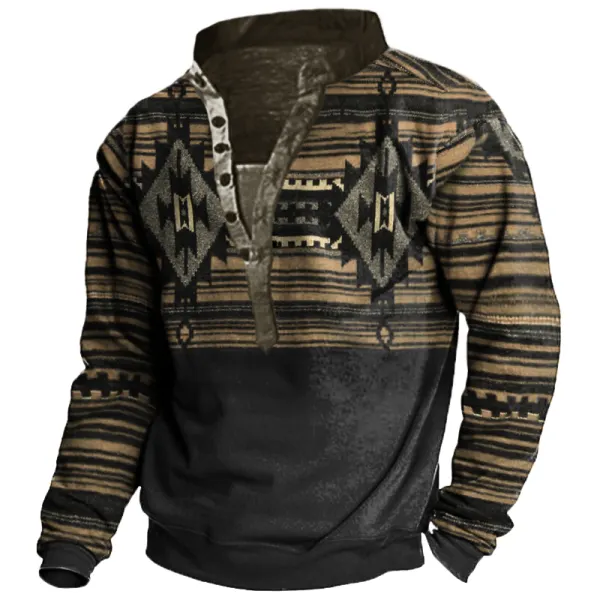 Men's Vintage Ethnic Print Henley Collar Sweatshirt - Kalesafe.com 