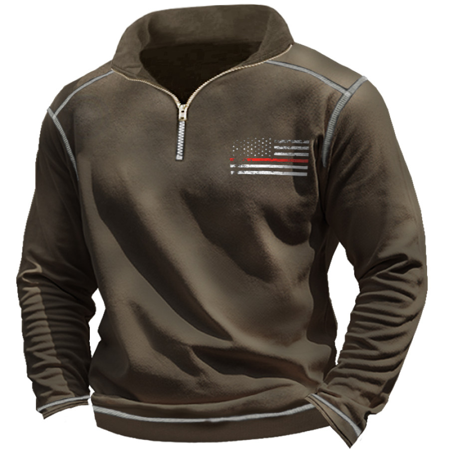 

Men's Distressed American Flag Zip Long Sleeve Sweatshirt