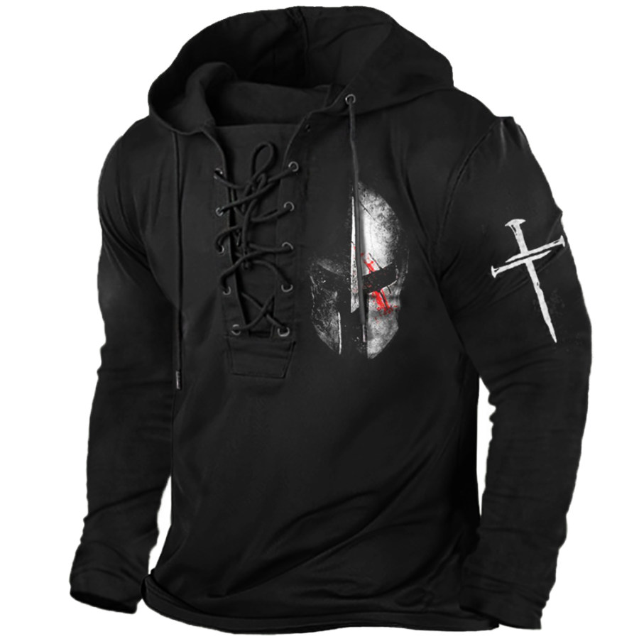 

Men's Outdoor Spartan Print Tie Hooded Long Sleeve T-Shirt