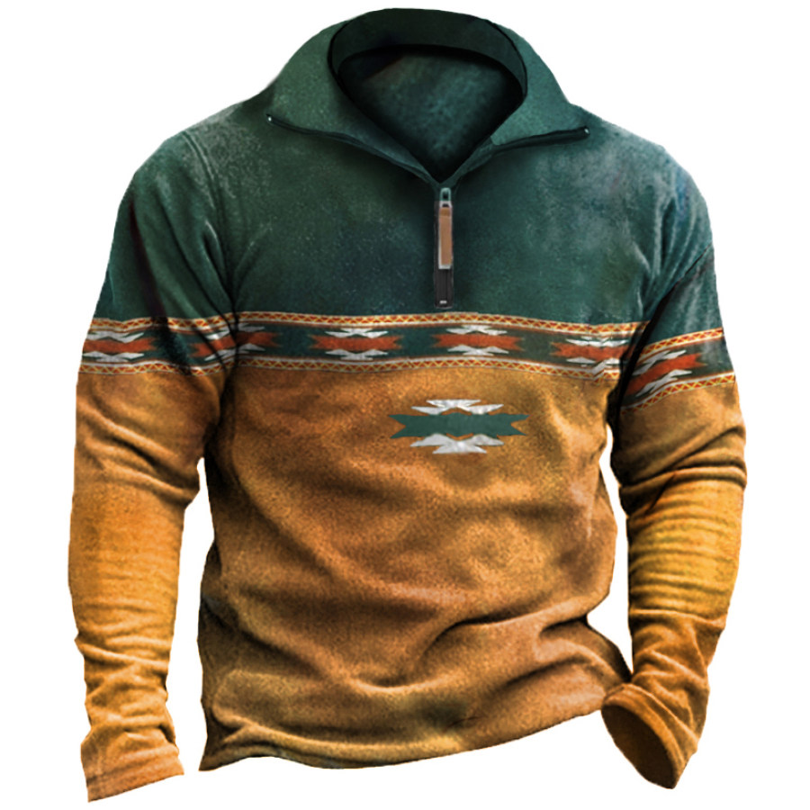 

Men's Vintage Surf Stitching Long Sleeve Polo Zipper Sweatshirt