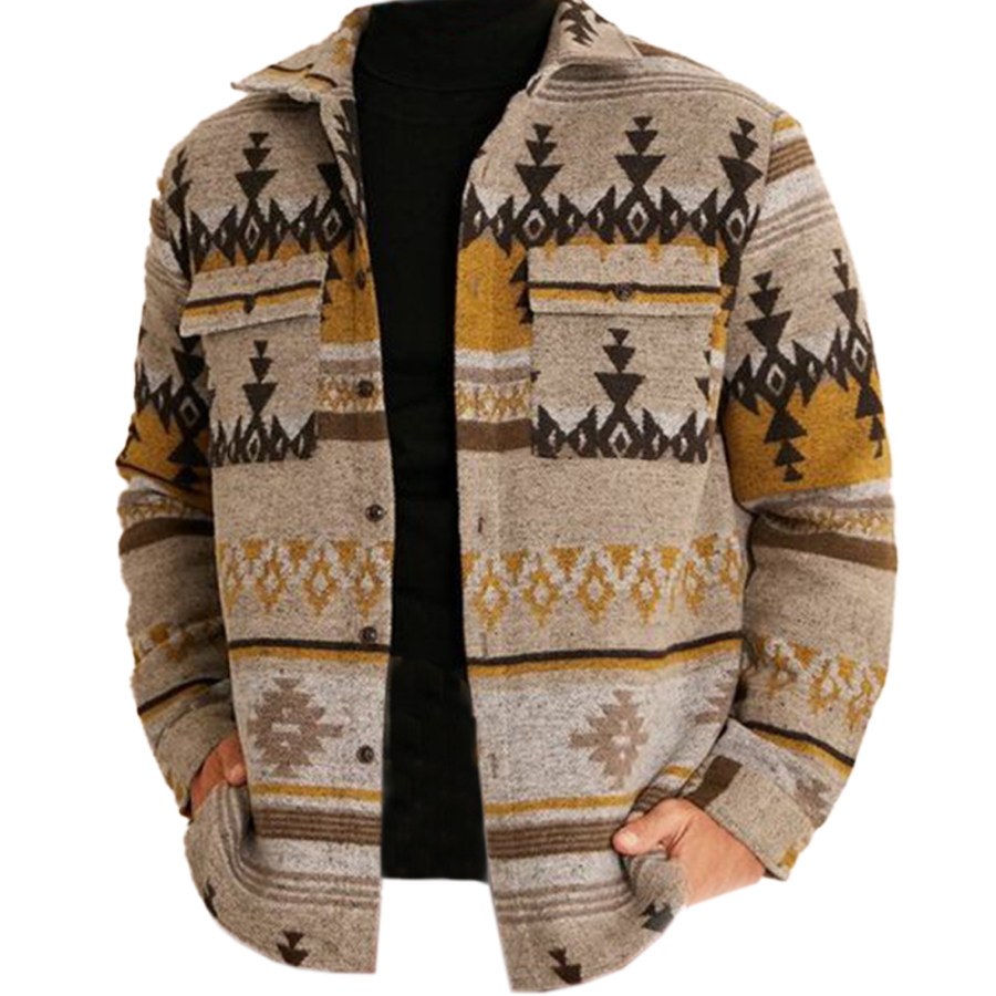 

Men's Vintage Ethnic Print Wool Shirt Jacket