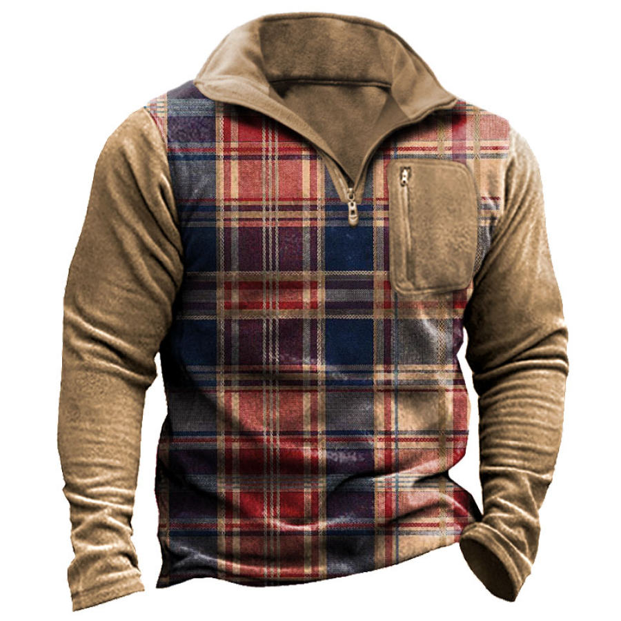 

Men's Vintage Plaid Print Zip Pocket Sweatshirt