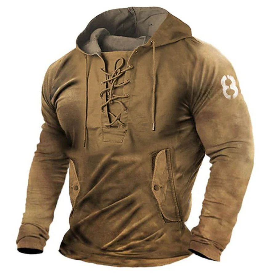 

Men's Vintage Outdoor Tactical Lace-Up Hooded T-Shirt