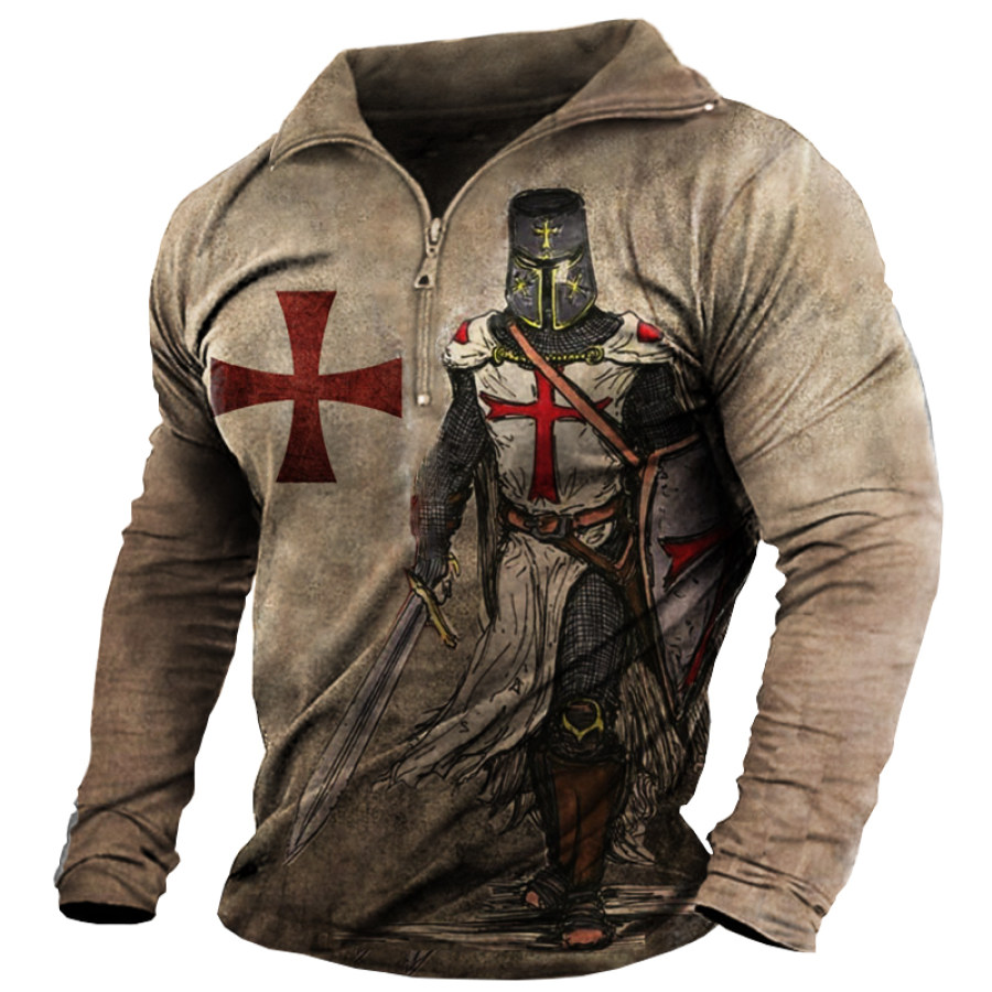 

Men's Vintage Templar Cross Zip Polo Neck Long Sleeve T-Shirt