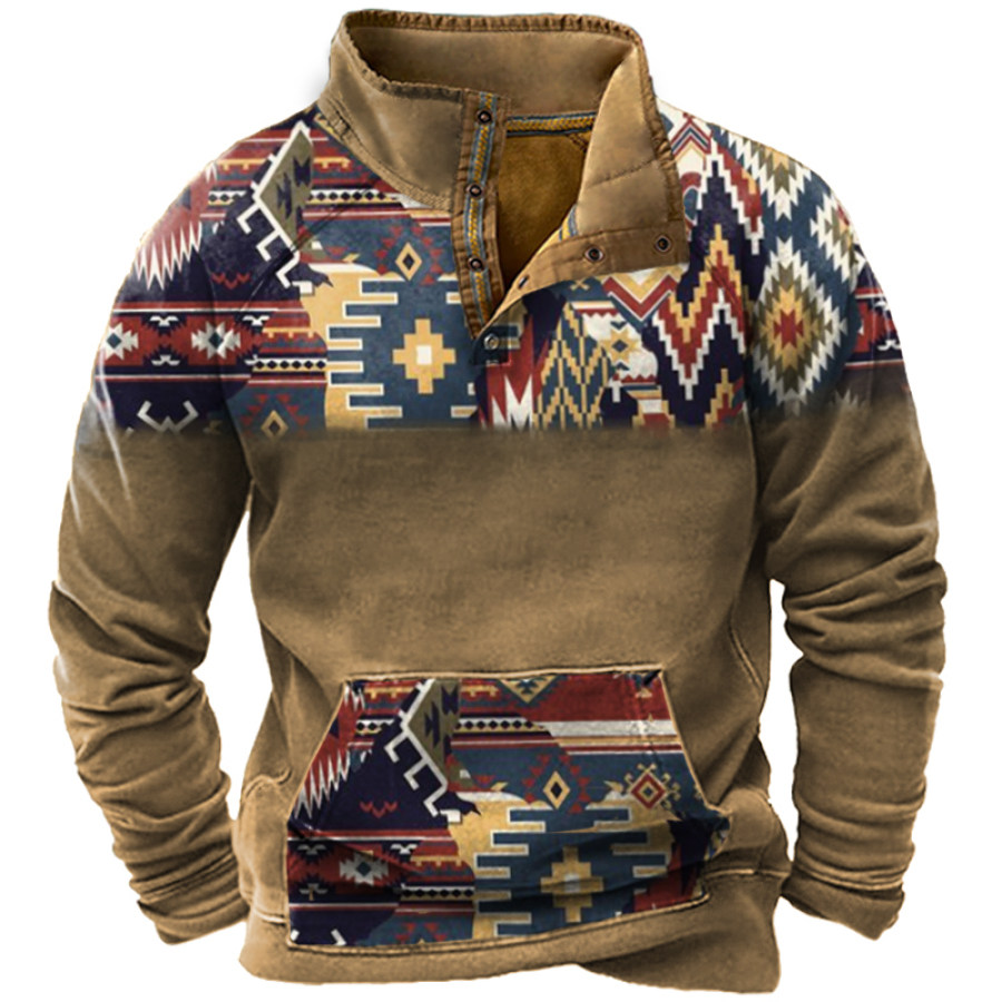 

Men's Outdoor Vintage Ethnic Pattern Stitching Tooling Tactical Polo Neck Sweatshirt