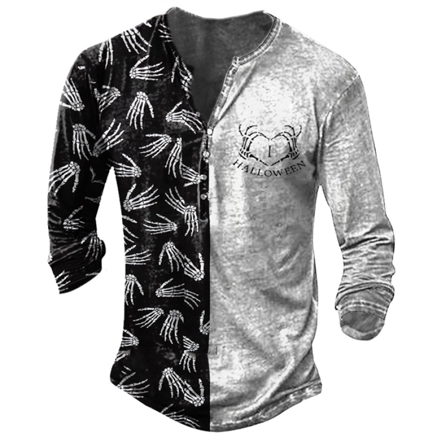 

Men Halloween Two Tone Skull Print Long Sleeve Henley T-Shirt