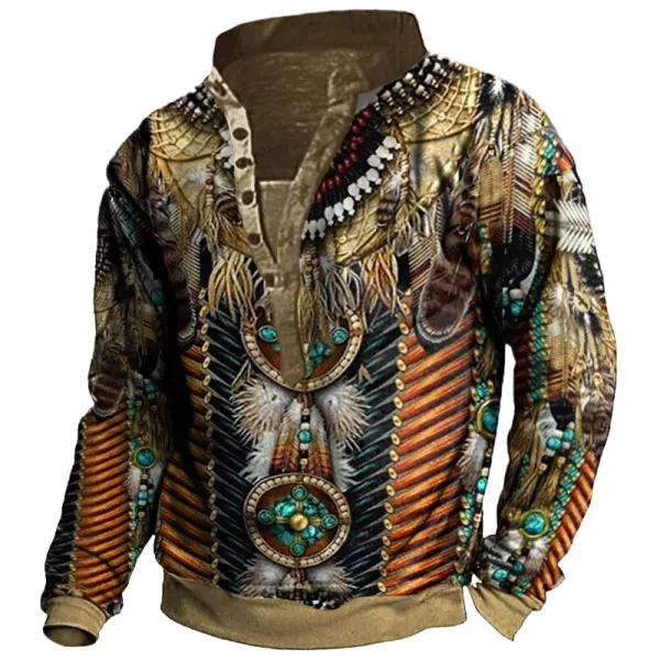 Native American Culture 3D Printed Henley Collar Long Sleeve Sweatshirt - Kalesafe.com 