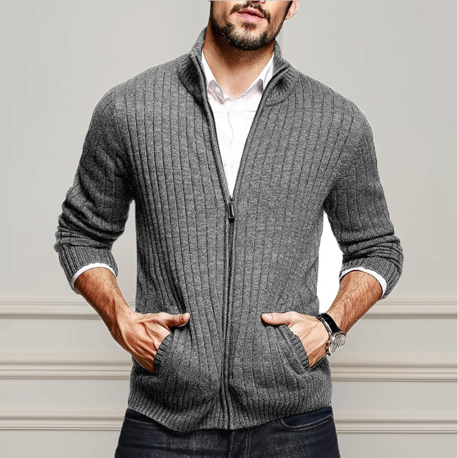 

Men's Casual Half Turtleneck Solid Color Long Sleeve Zipper Knit Cardigan
