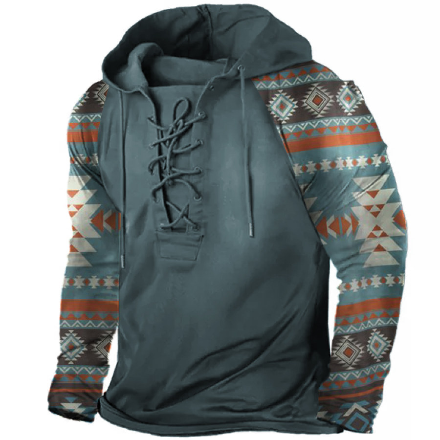 

Men's Vintage Ethnic Print Lace-Up Hooded Long Sleeve T-Shirt