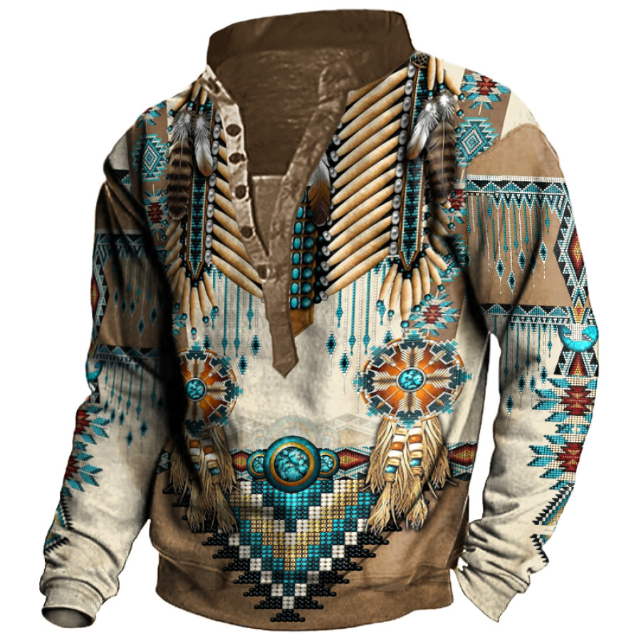

Native American 3D All Over Printed Long Sleeve Henley Collar Sweatshirt