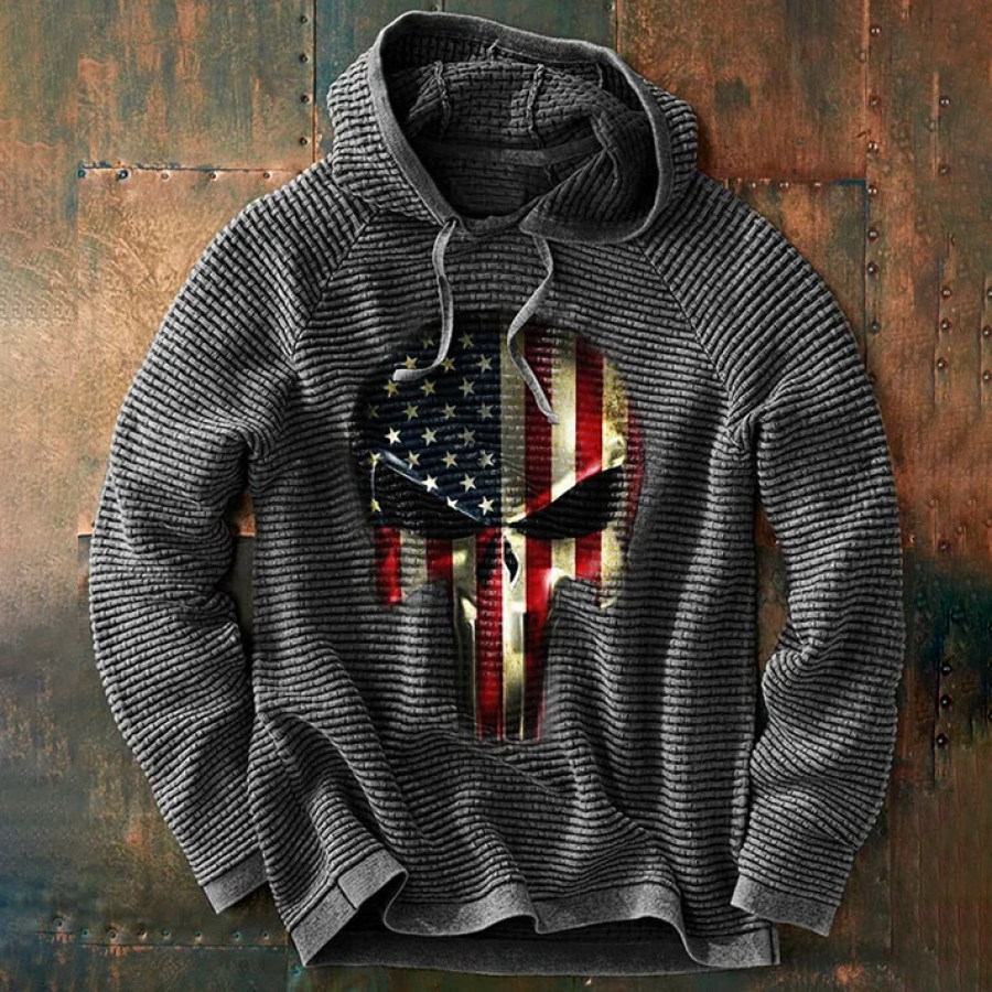 

Men's Vintage Casual American Flag Skull Print Hoodie