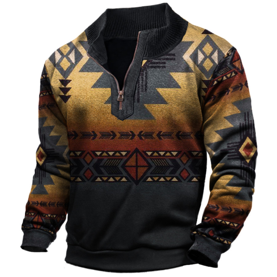 

Men's Geometric Ethnic Print Zip Stand Collar Sweatshirt